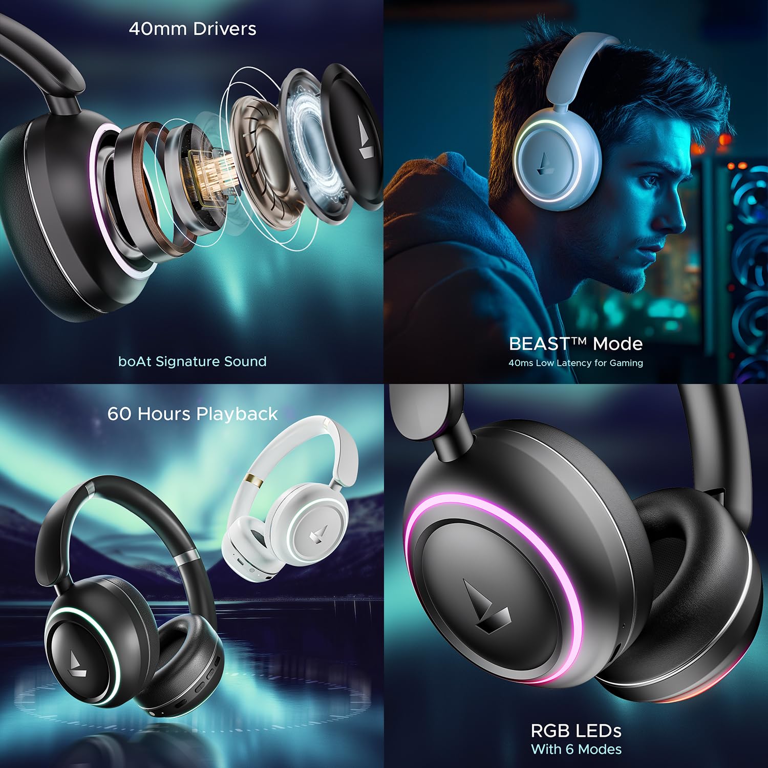 boAt Rockerz 480 W/RGB LEDs, 6 Light Modes, 40Mm Drivers, Beast Mode, 60Hrs Playback, Enx Tech, BT V5.3, Adaptive Fit & Easy Access Controls, Bluetooth Over Ear Headphones(Black Sabre) - Image 5